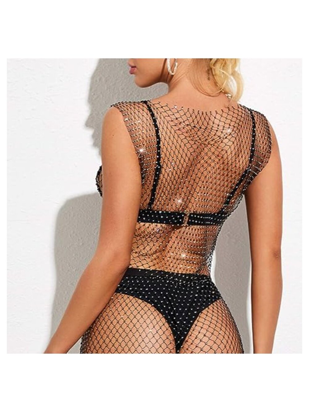Rhinestone See Through Fishnet Mesh Crop Top Sleeveless Tank Clubwear - Picture 2 of 6